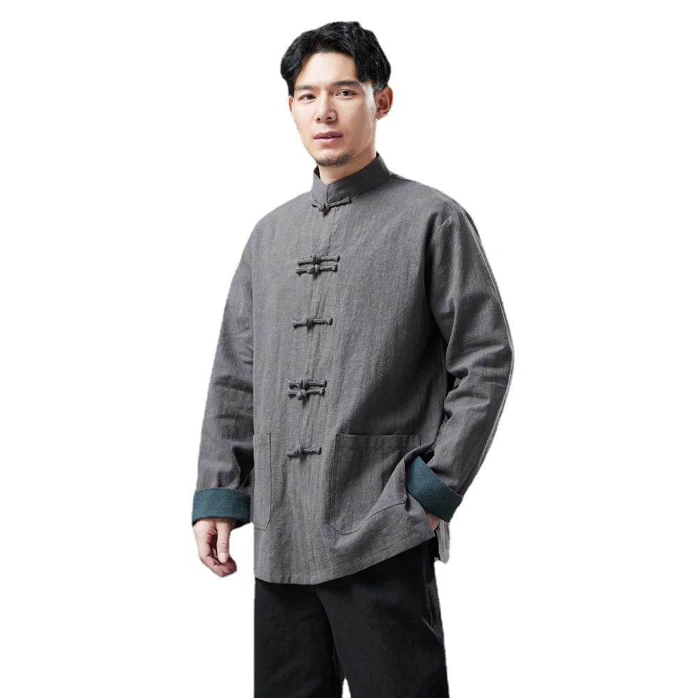 라미 코트 남성용 더블 브레스트 셔츠, 중국 스타일 재킷, 매드 칼라 가디건, 버클 탑, 탕황산 세트 빈티지 중국 재킷